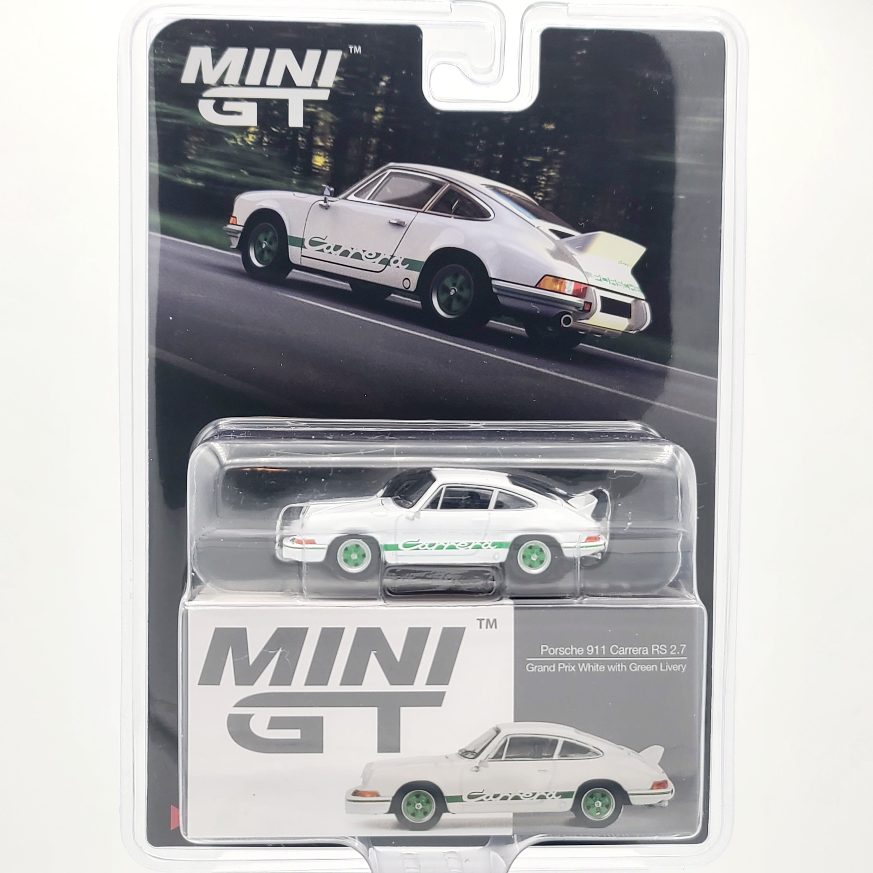 Mini GT Porsche 911 Carrera RS 2.7 - 1:64 scale, Grand Prix White w/ Green Livery (2024 MIJO Exclusives - Limited Edition)